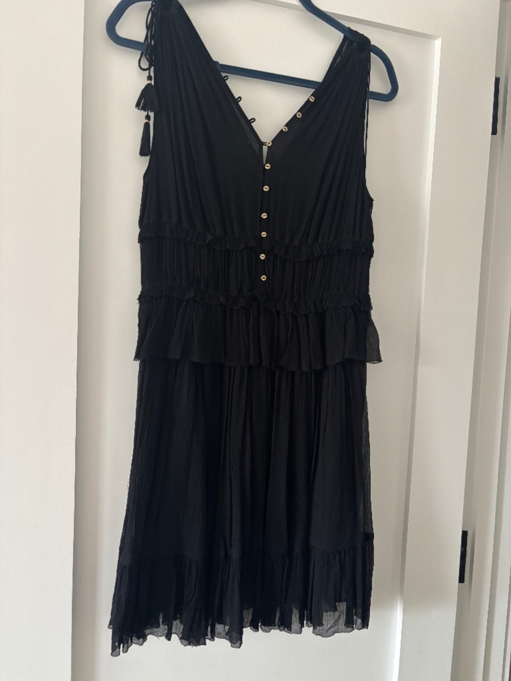 ULLA JOHNSON x Barneys New York Black Plissé Silk-Blend Tiered Tassel Dress-size